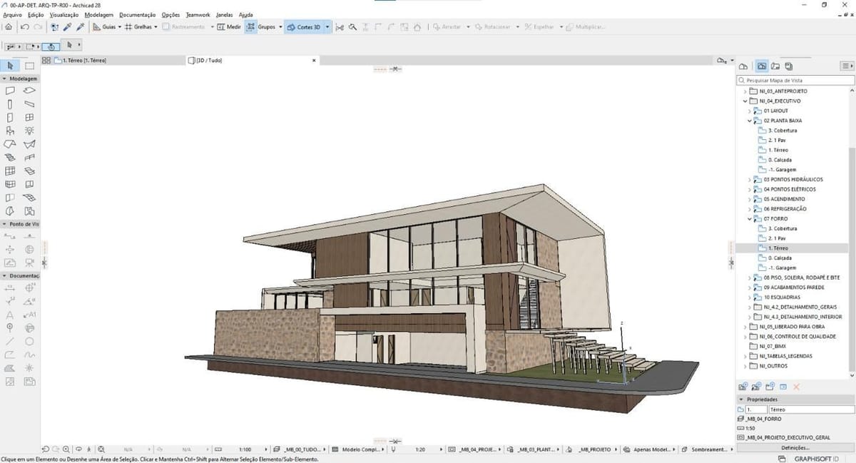 Modelo 3D de casa residencial desenvolvido no Archicad, com o navegador organizado por fases