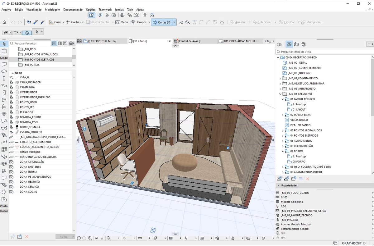 Modelo 3D de interiores de consultório desenvolvido no Archicad, com marcenaria, revestimentos e mobiliário