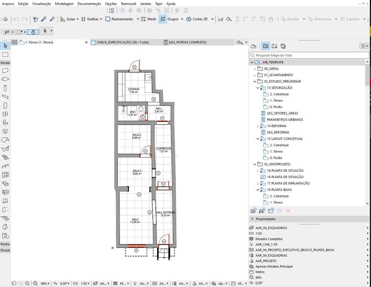 Template Base da _modo_bim aberto no Archicad, com a planta de uma casa e o navegador organizado pelas fases de projeto